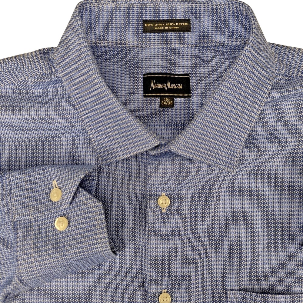 Neiman Marcus Mens Blue Micro Check Cotton Dress Shirt 16.5 34/35 Long‎ Sleeve